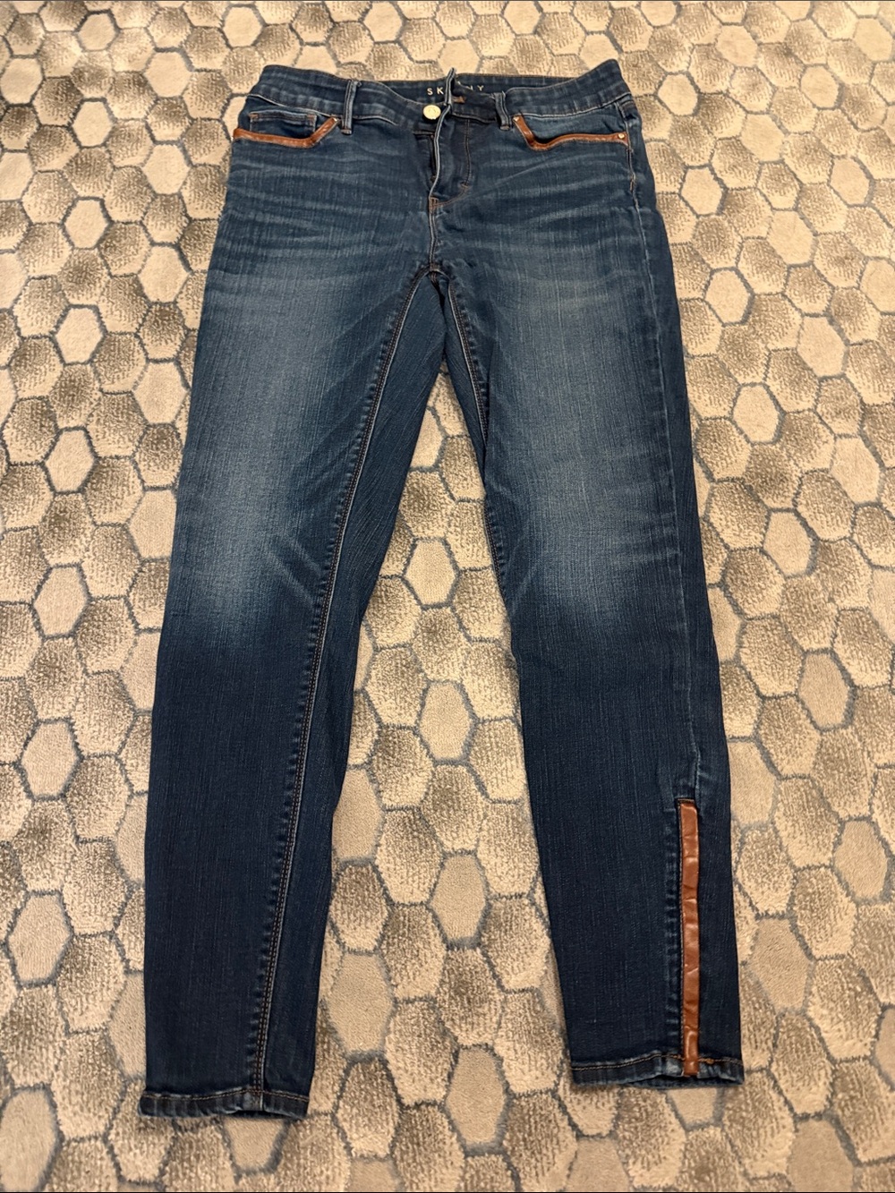 Blue Skinny Jeans with Brown Leather Accent